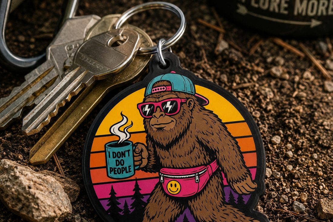 A Fuffalo Buck sasquatch keychain clipped to a set of keys on a forest floor, next to an enamel camp mug